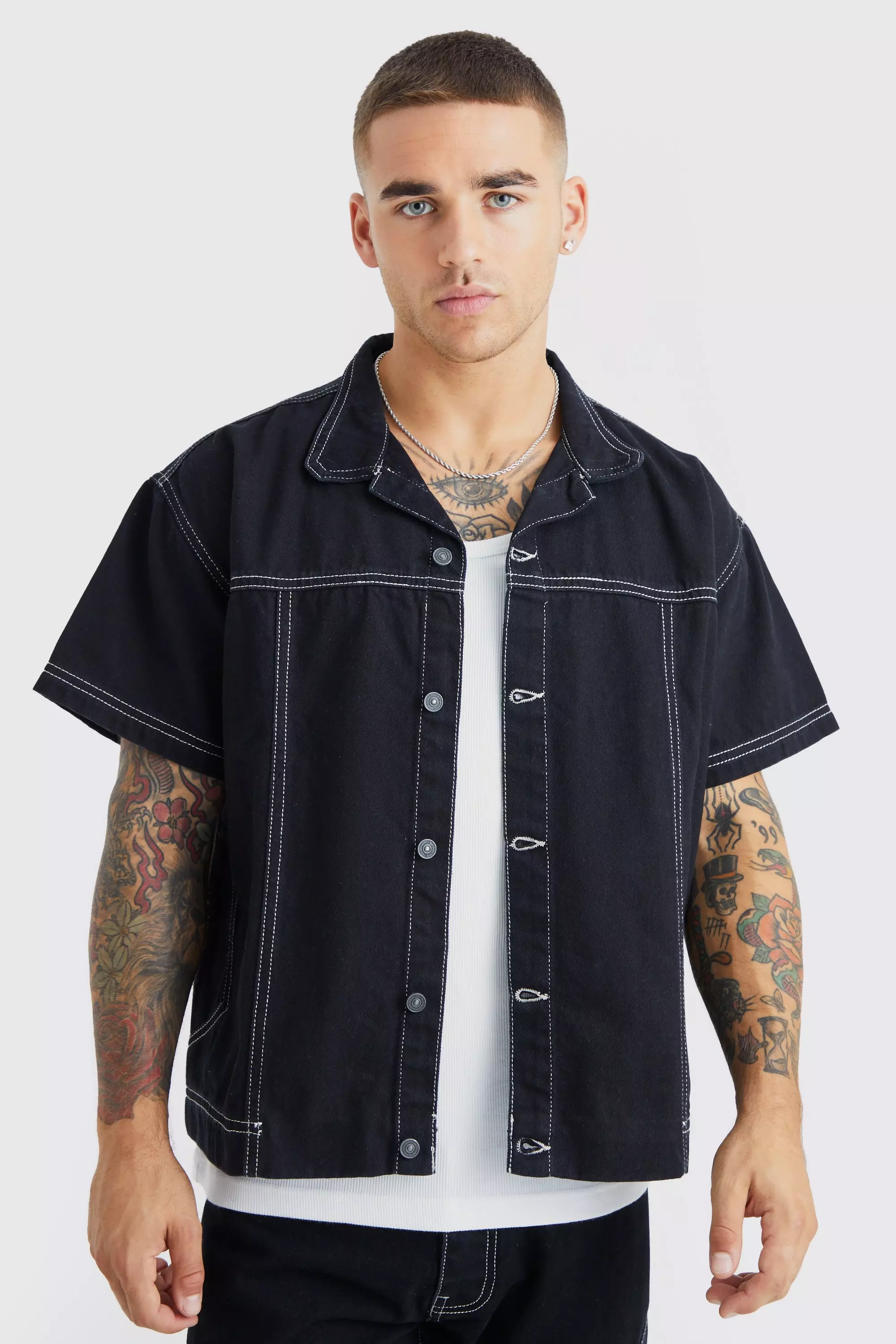 Oversized Boxy Contrast Stitch Denim Shirt | boohooMAN USA